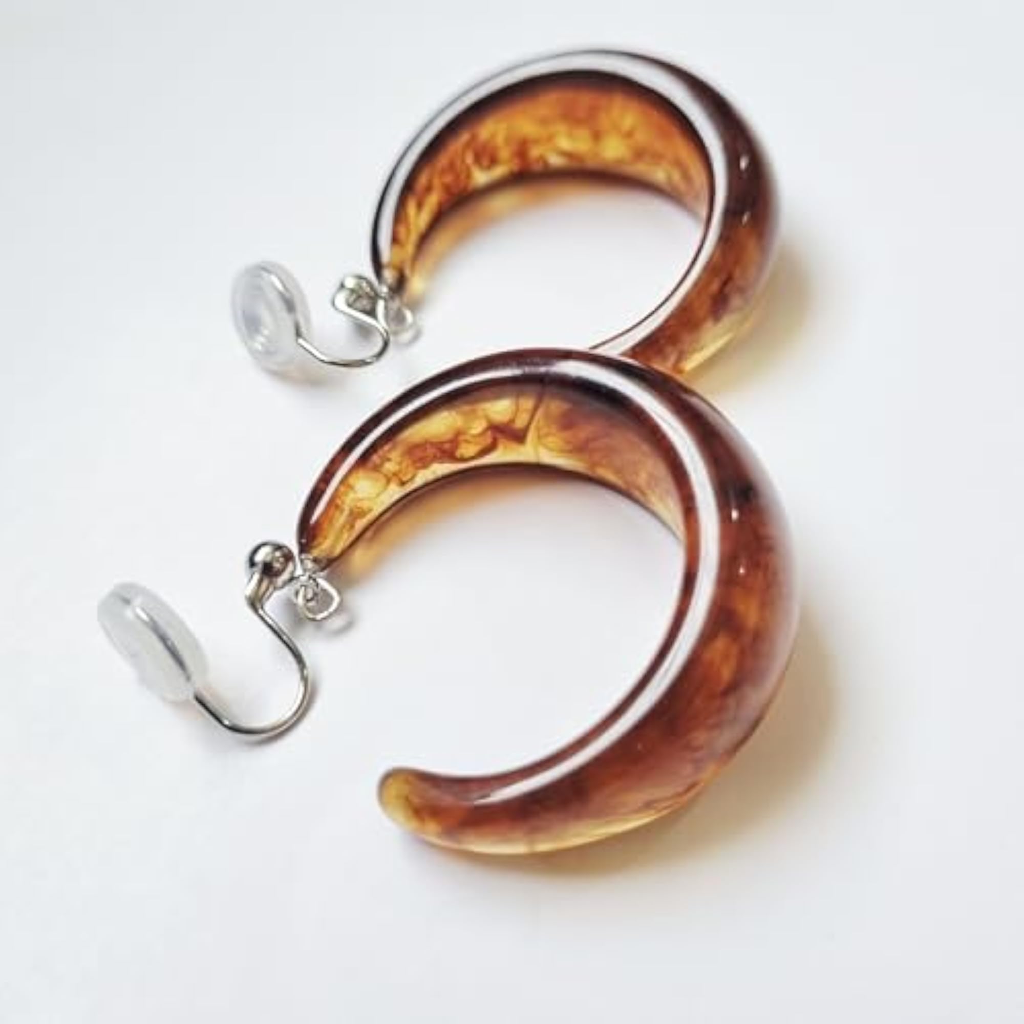 Women's Silver Plated Amber Glow Resin Clip-On Hoop Earrings